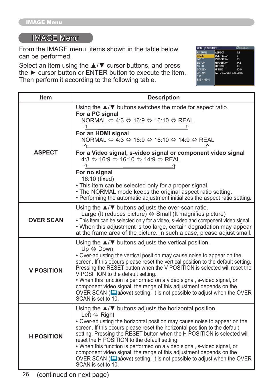 Image menu | Hitachi CPX3 User Manual | Page 26 / 61