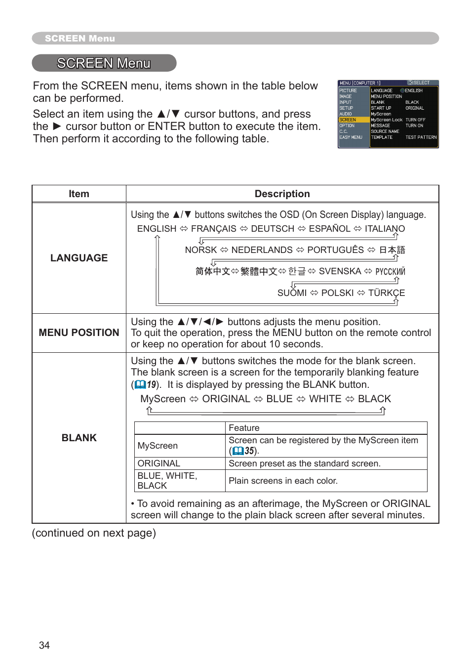 Screen menu | Hitachi CPX3 User Manual | Page 34 / 61