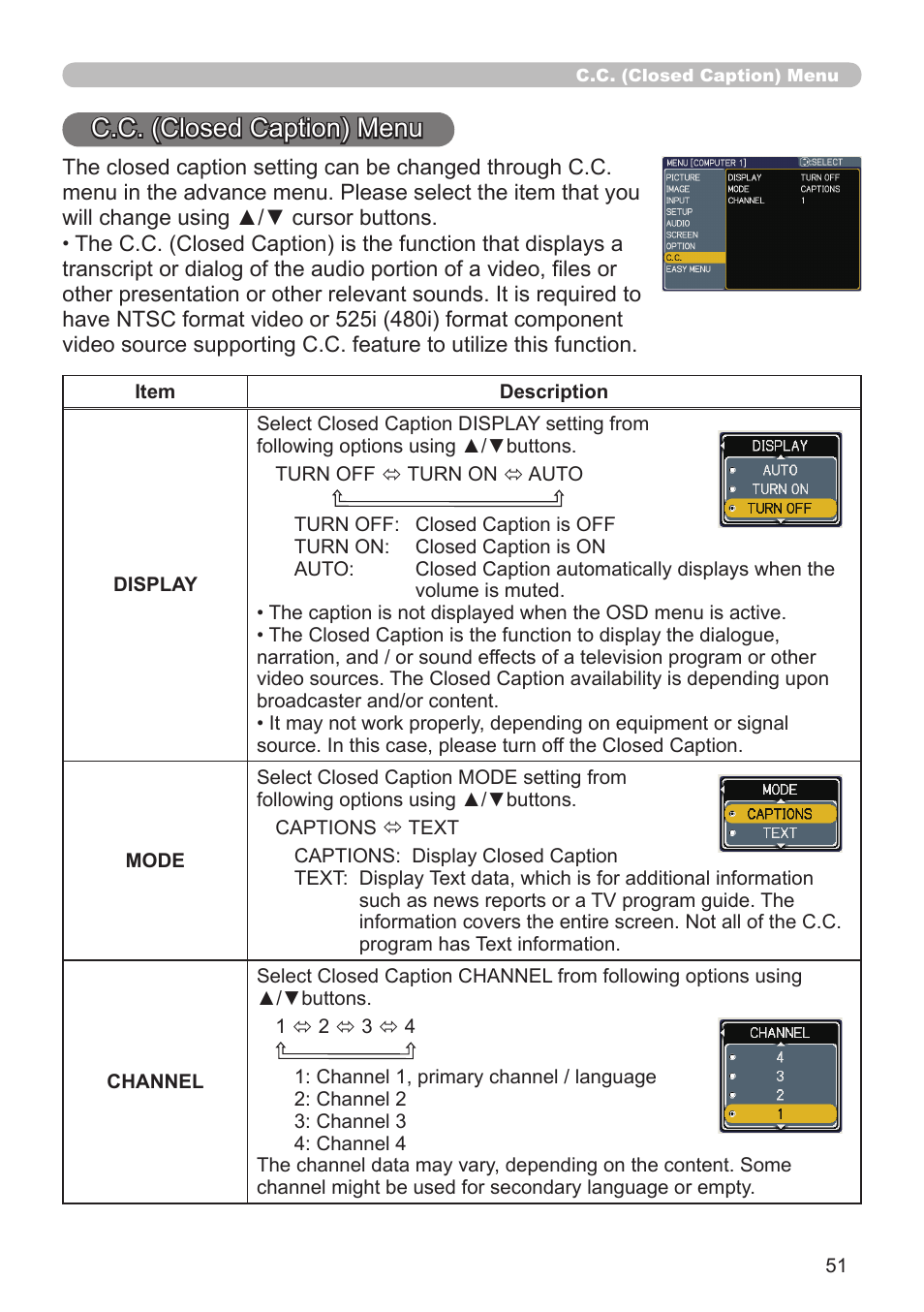 C.c. (closed caption) menu | Hitachi CPX3 User Manual | Page 51 / 61