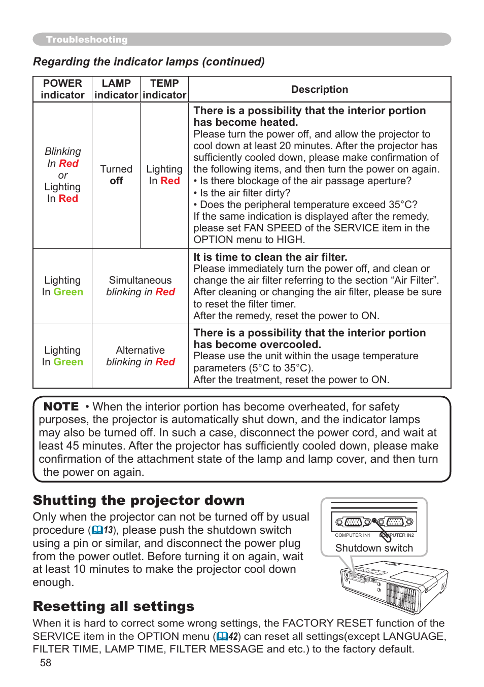 Shutting the projector down, Resetting all settings | Hitachi CPX3 User Manual | Page 58 / 61