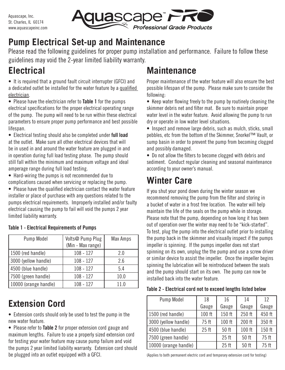 Aquascape AquascapePRO Pump Electrical Set-Up and Maintenance User Manual | 1 page