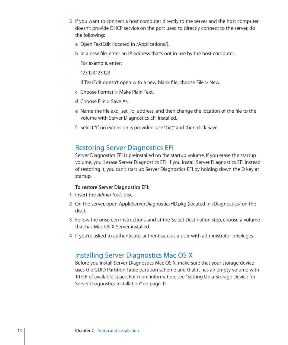 Restoring server diagnostics efi, Installing server diagnostics mac os x | Apple MAC PRO for 3X108 User Manual | Page 14 / 48