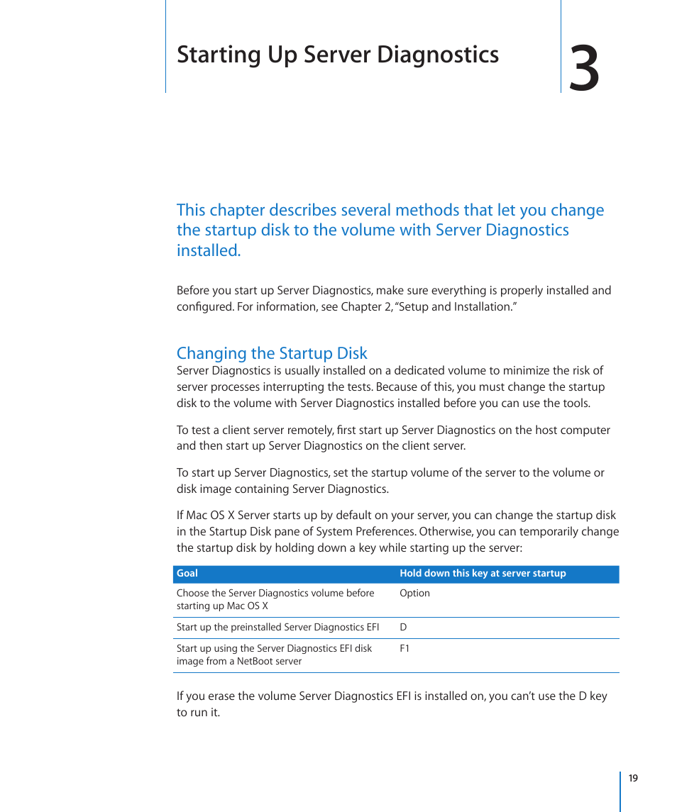 Chapter 3: starting up server diagnostics, Changing the startup disk, Starting up server diagnostics | Apple MAC PRO for 3X108 User Manual | Page 19 / 48