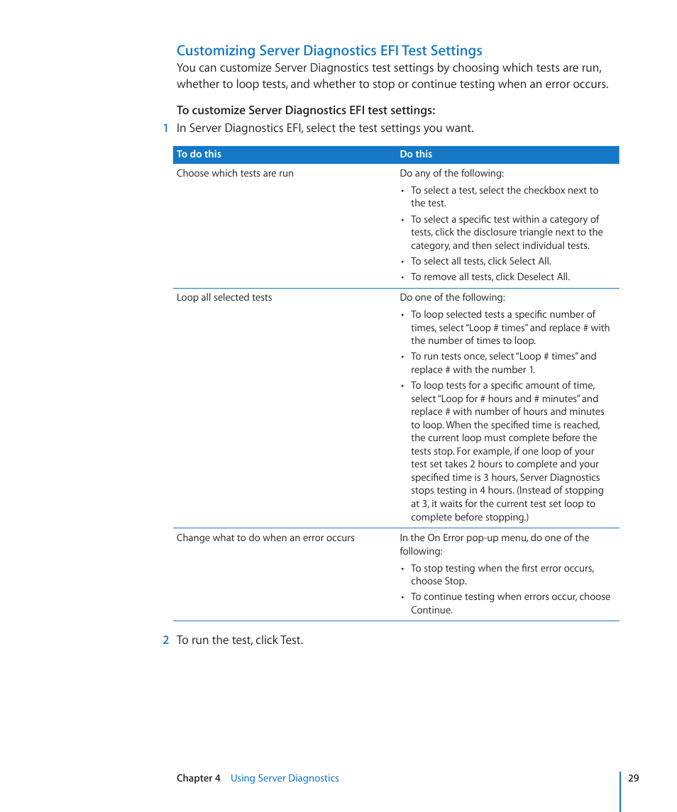 Customizing server diagnostics efi test settings | Apple MAC PRO for 3X108 User Manual | Page 29 / 48