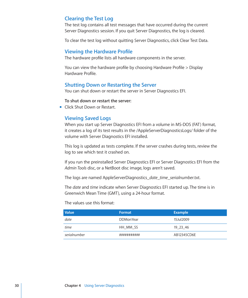 Clearing the test log, Viewing the hardware profile, Shutting down or restarting the server | Viewing saved logs | Apple MAC PRO for 3X108 User Manual | Page 30 / 48