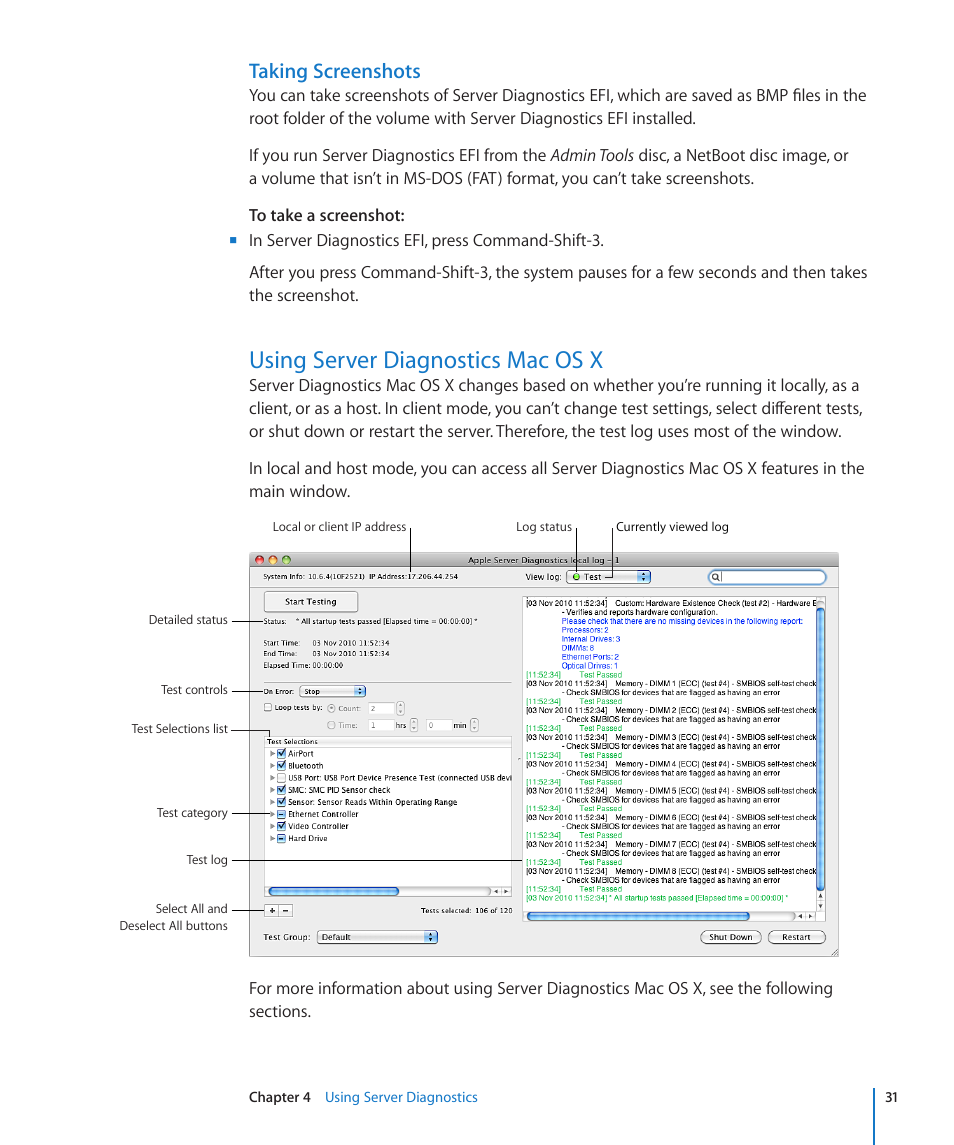 Taking screenshots, Using server diagnostics mac os x | Apple MAC PRO for 3X108 User Manual | Page 31 / 48