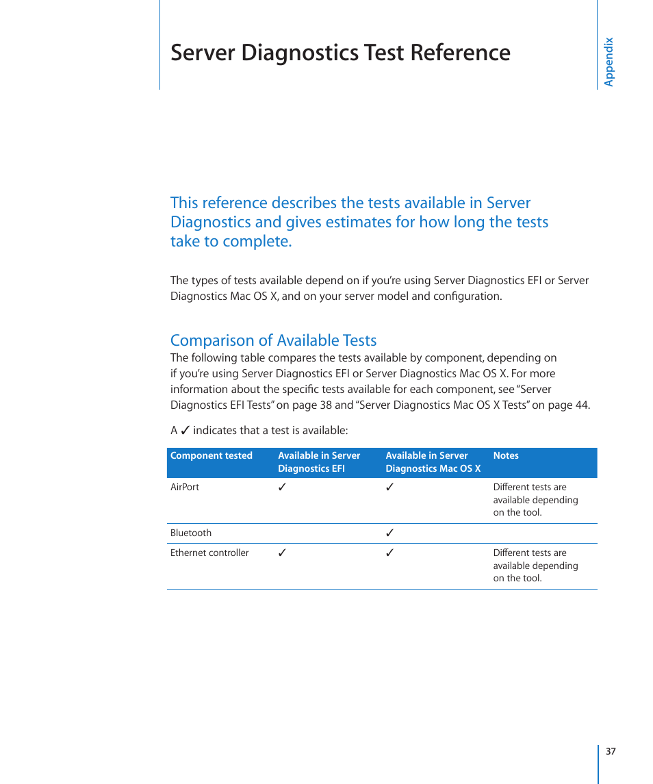 Appendix: server diagnostics test reference, Comparison of available tests, Appendix: server diagnostics test reference | 37 comparison of available tests, Server diagnostics test reference | Apple MAC PRO for 3X108 User Manual | Page 37 / 48