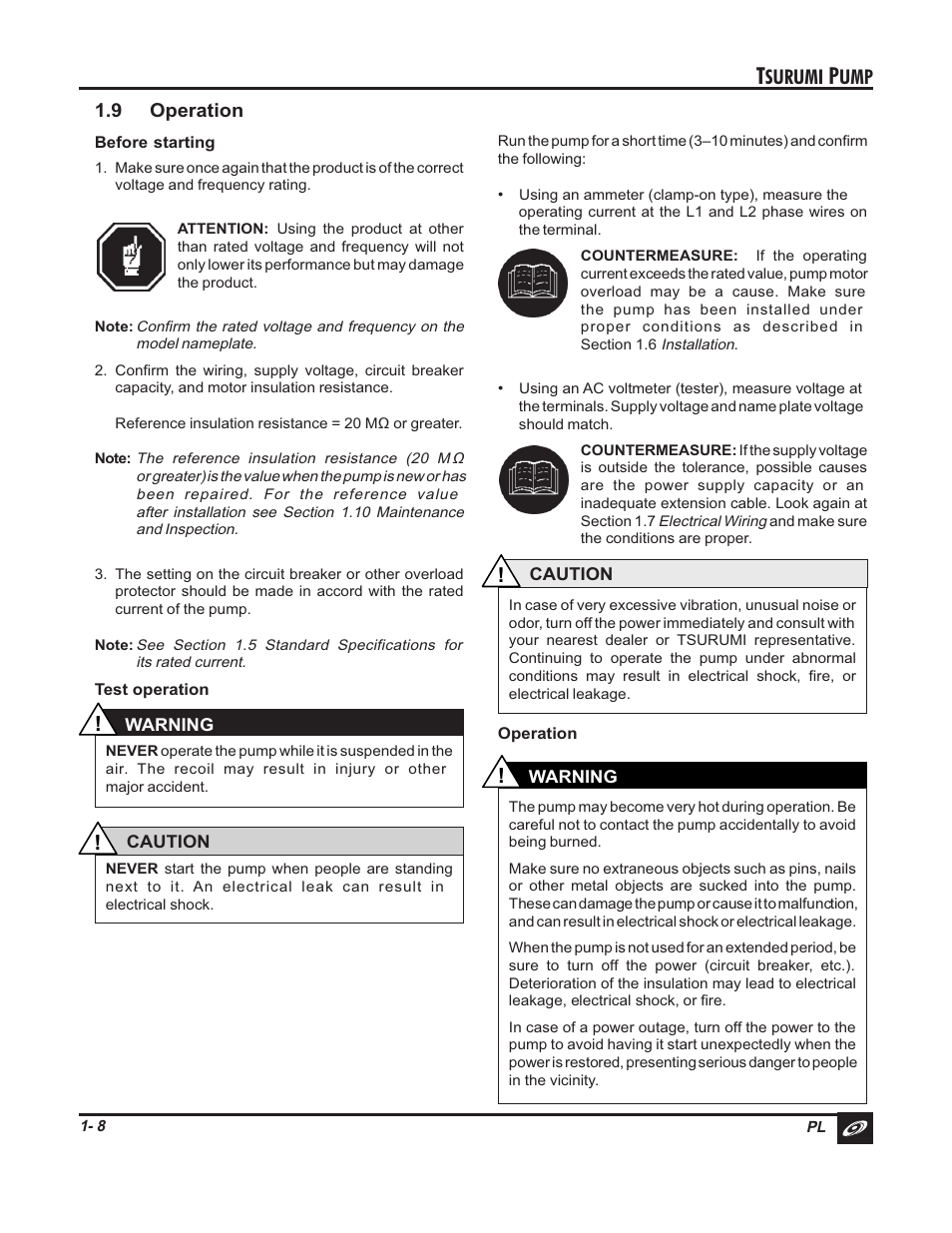8 electrical circuit diagrams, Surumi, 9 operation | Tsurumi PL Pumps User Manual | Page 11 / 20