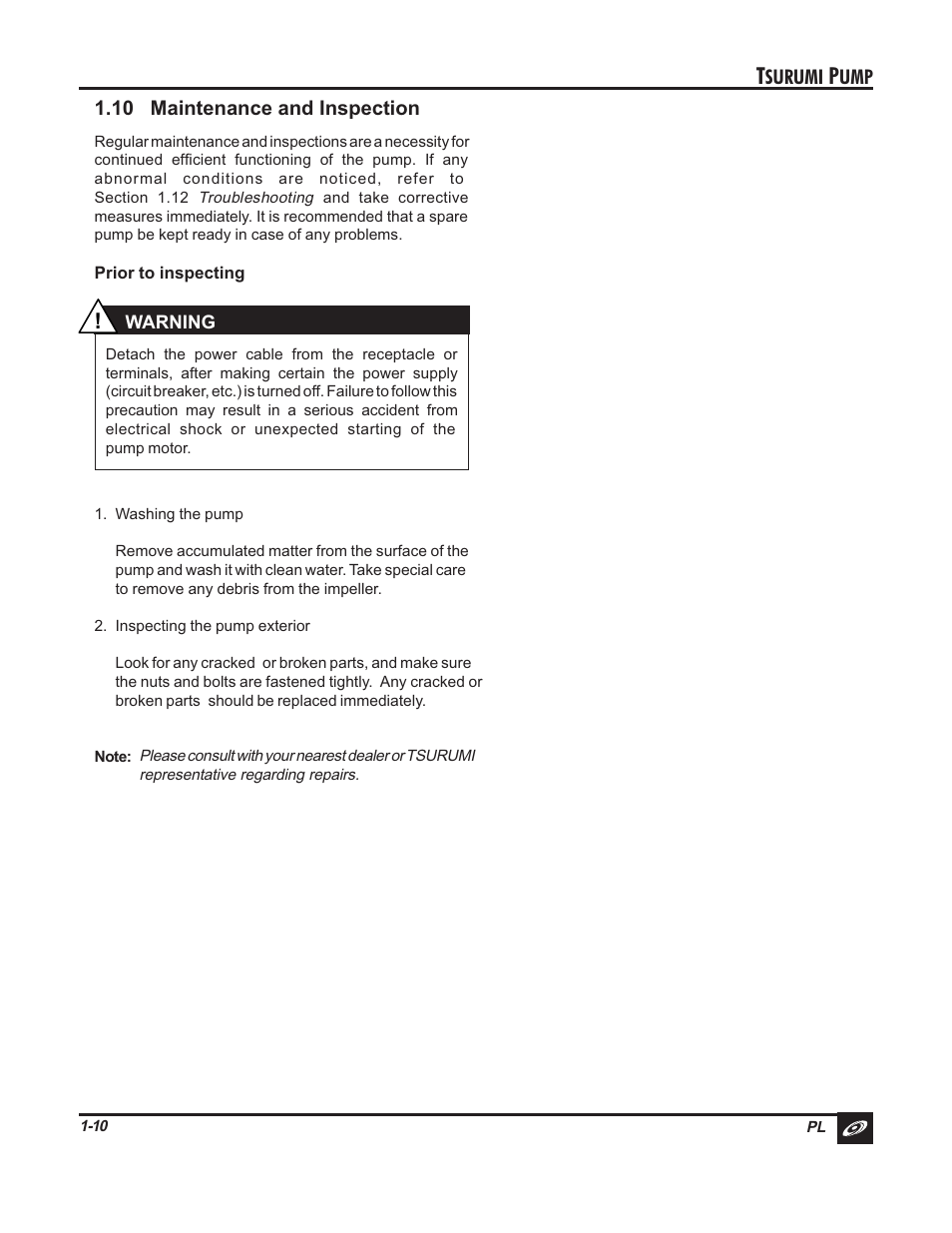 Surumi, 10 maintenance and inspection | Tsurumi PL Pumps User Manual | Page 13 / 20