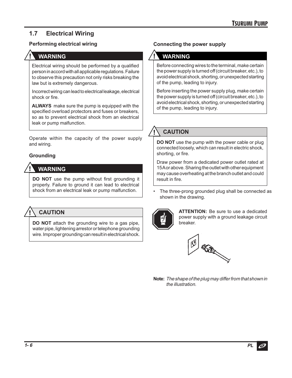 Surumi, 7 electrical wiring | Tsurumi PL Pumps User Manual | Page 9 / 20