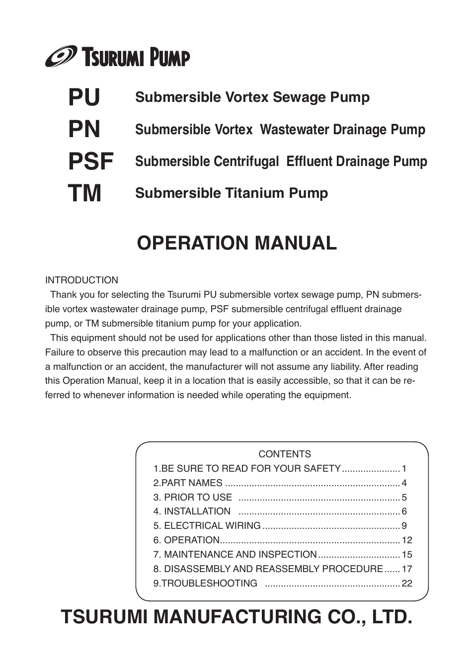 Tsurumi PU Submersible Vortex Sewage Pump User Manual | 23 pages