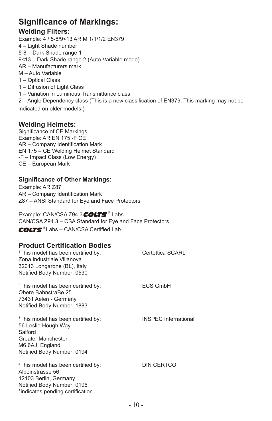 Significance of markings, Welding filters, Welding helmets | Product certification bodies | ArcOne Auto-Darkening Filters (Vision Python & Carrera) Europe User Manual | Page 11 / 12