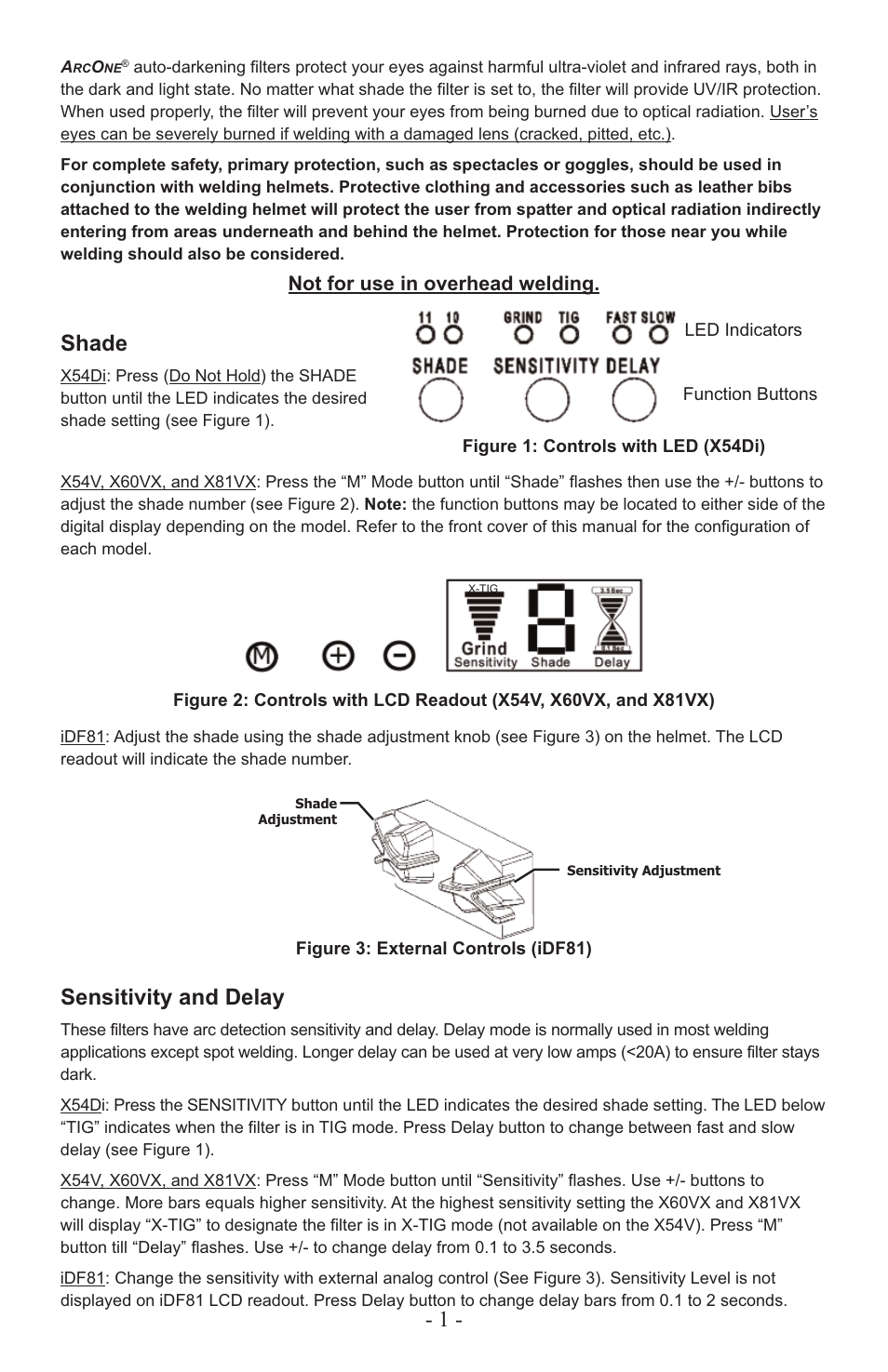 Shade, Sensitivity and delay | ArcOne Auto-Darkening Filters (Vision Python & Carrera) N America User Manual | Page 2 / 4