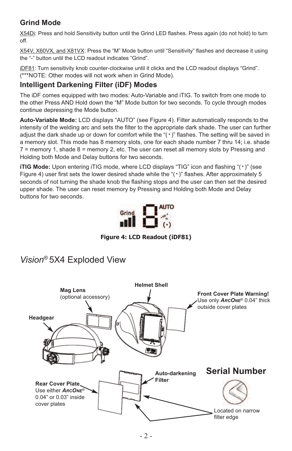 Vision, 5x4 exploded view, Serial number | Grind mode, Intelligent darkening filter (idf) modes | ArcOne Auto-Darkening Filters (Vision Python & Carrera) N America User Manual | Page 3 / 4