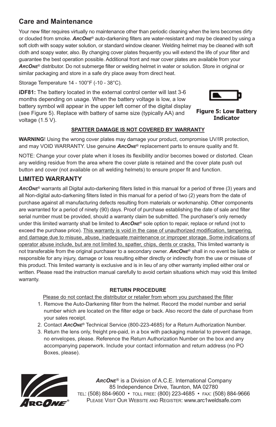 Care and maintenance, Limited warranty | ArcOne Auto-Darkening Filters (Vision Python & Carrera) N America User Manual | Page 4 / 4