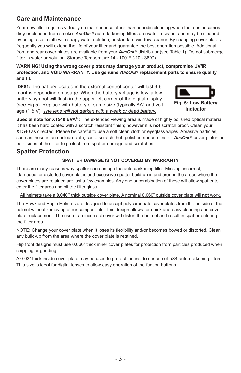3 - care and maintenance, Spatter protection | ArcOne Auto-Darkening Filters (Singles, Hawk, Viper) User Manual | Page 4 / 8