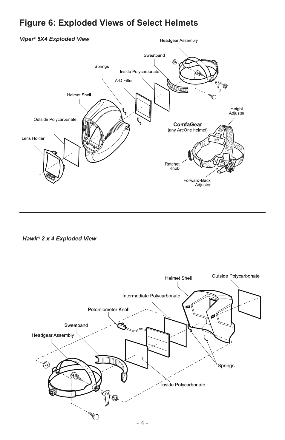 Figure 6: exploded views of select helmets | ArcOne Auto-Darkening Filters (Singles, Hawk, Viper) User Manual | Page 5 / 8