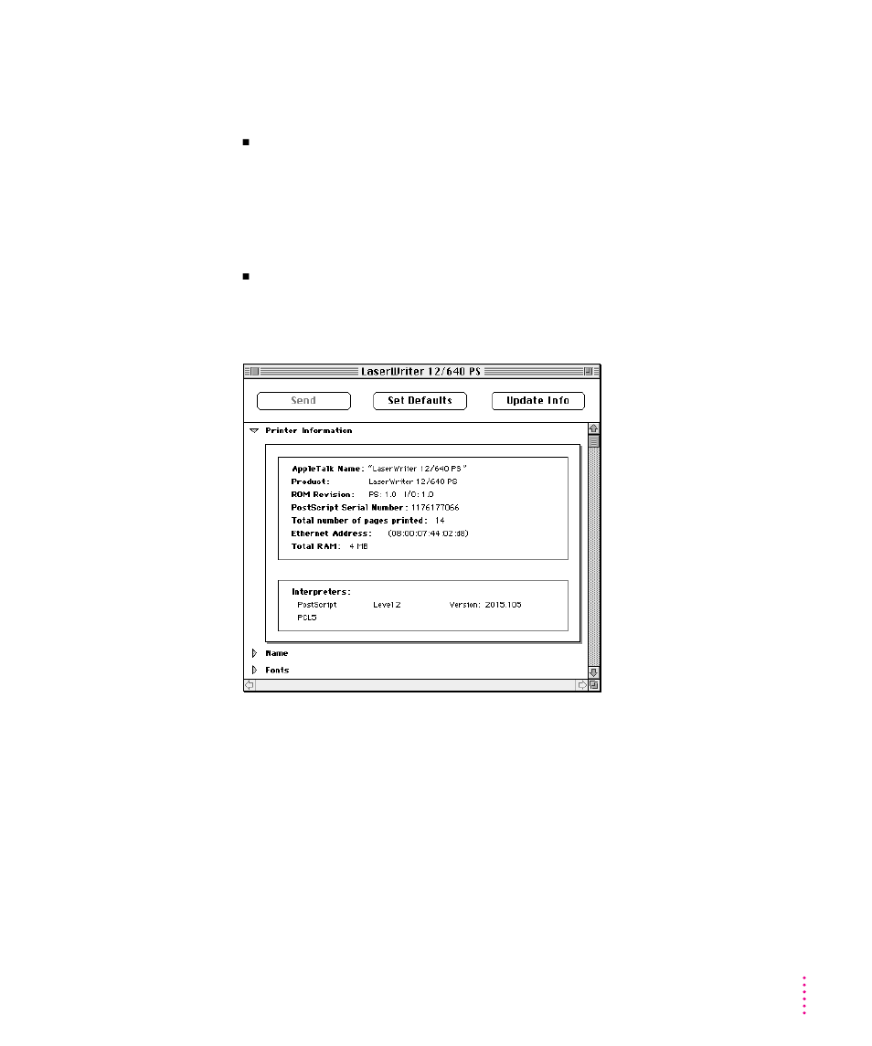 Quitting the apple printer utility 41, Viewing printer information 41, Quitting the apple printer utility | Viewing printer information | Apple LaserWriter 12/640 PS User Manual | Page 66 / 403