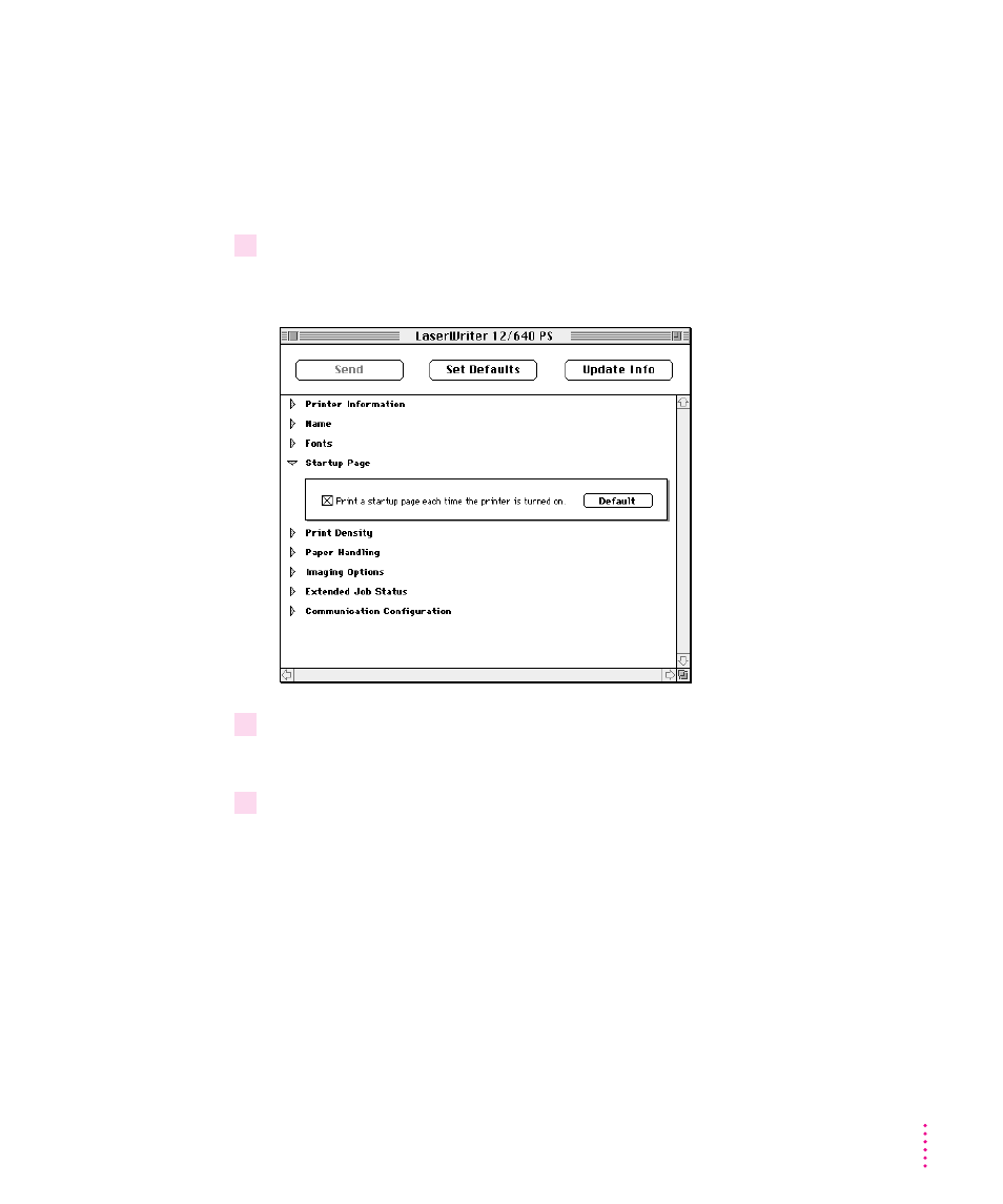Turning the startup page on or off | Apple LaserWriter 12/640 PS User Manual | Page 70 / 403
