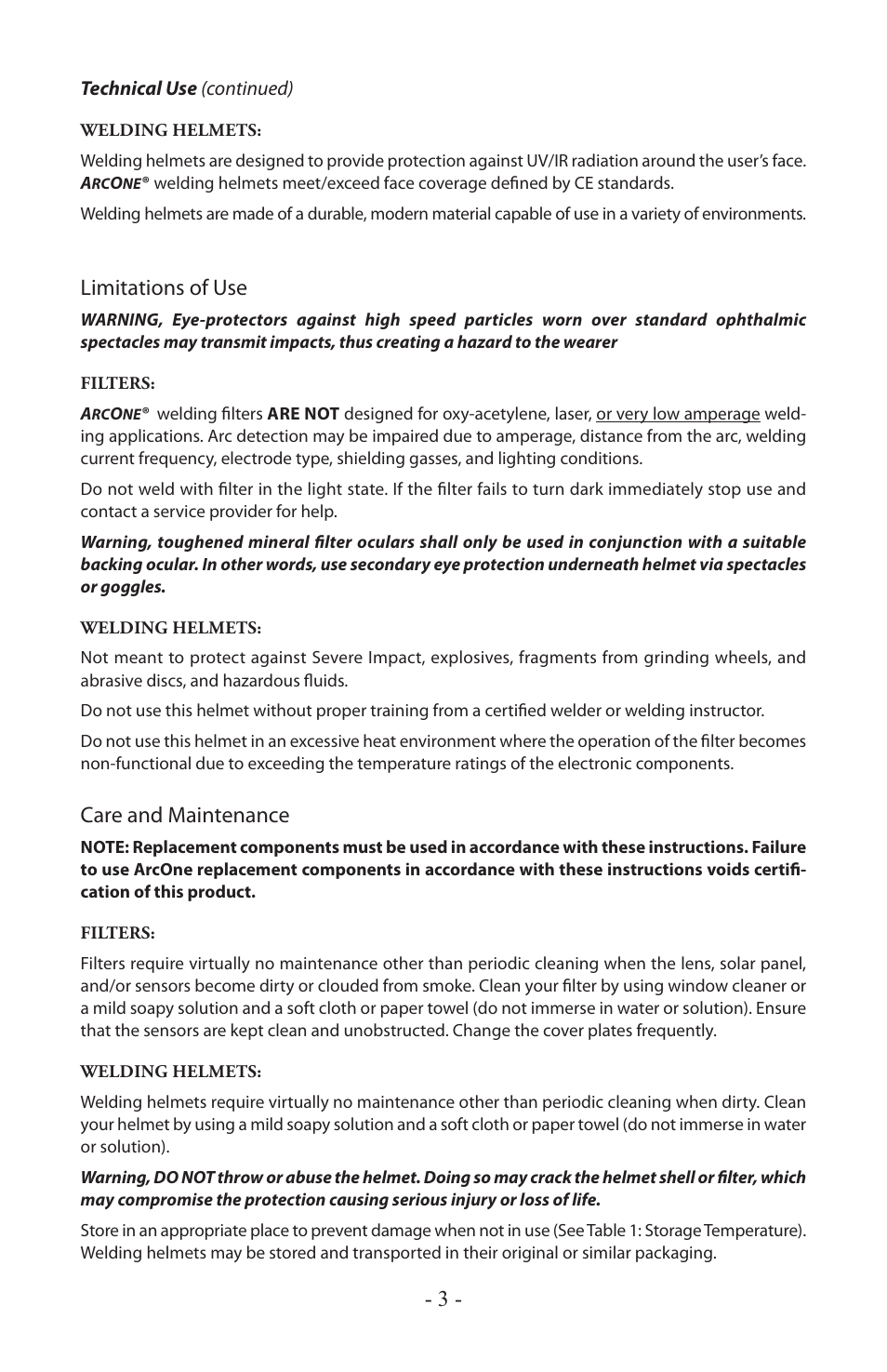 Limitations of use, Care and maintenance | ArcOne Carrera, Europe User Manual | Page 4 / 12