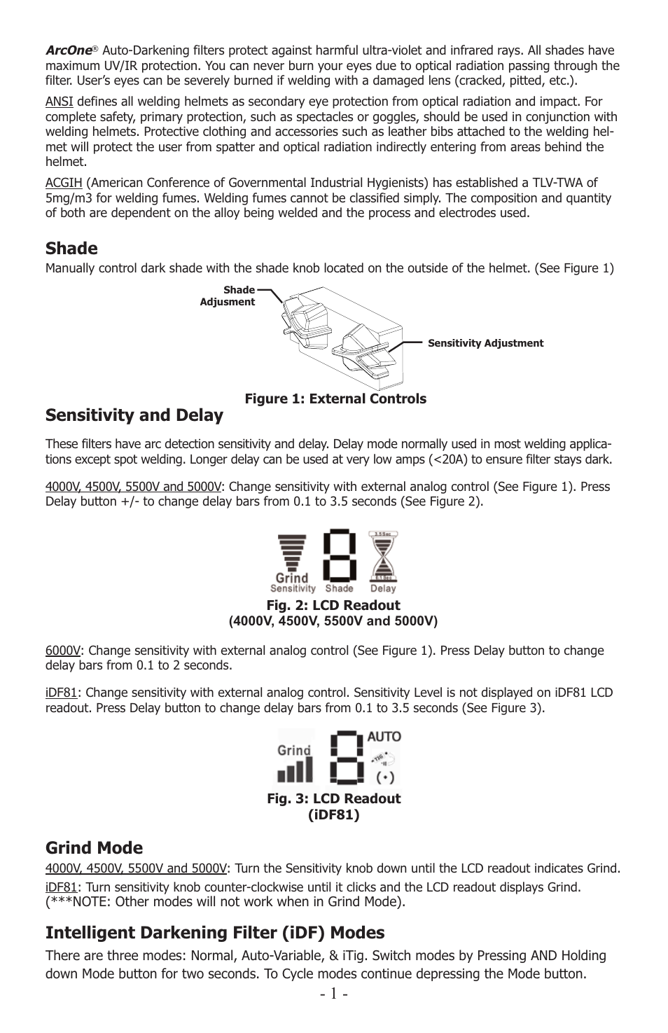 Shade, Sensitivity and delay, Grind mode | Intelligent darkening filter (idf) modes | ArcOne Python User Manual | Page 2 / 4