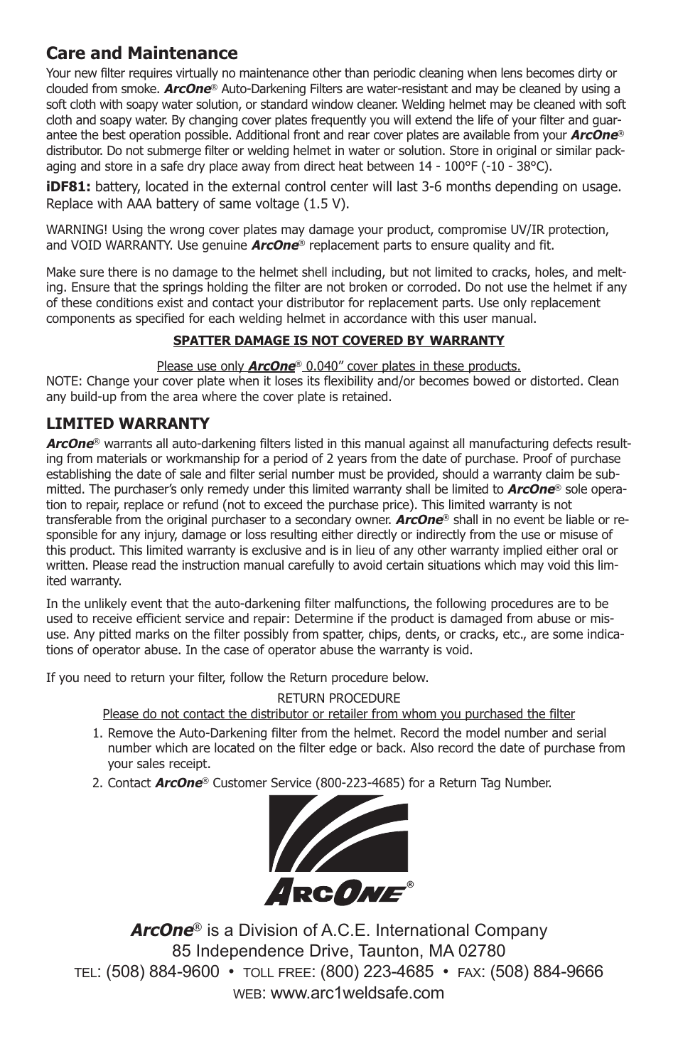 Care and maintenance, Arcone | ArcOne Python User Manual | Page 4 / 4