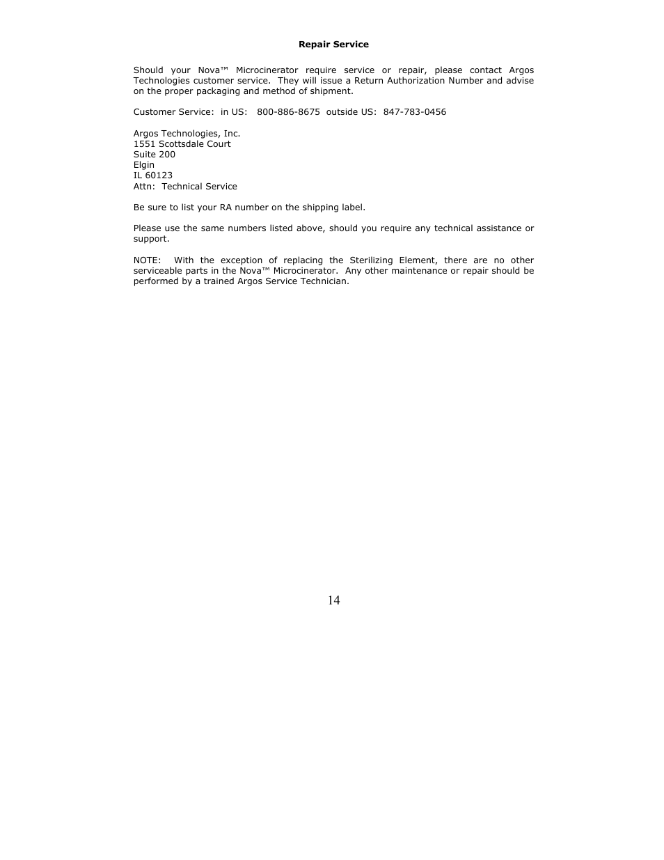 Argos Nova Microcinerator User Manual | Page 14 / 16