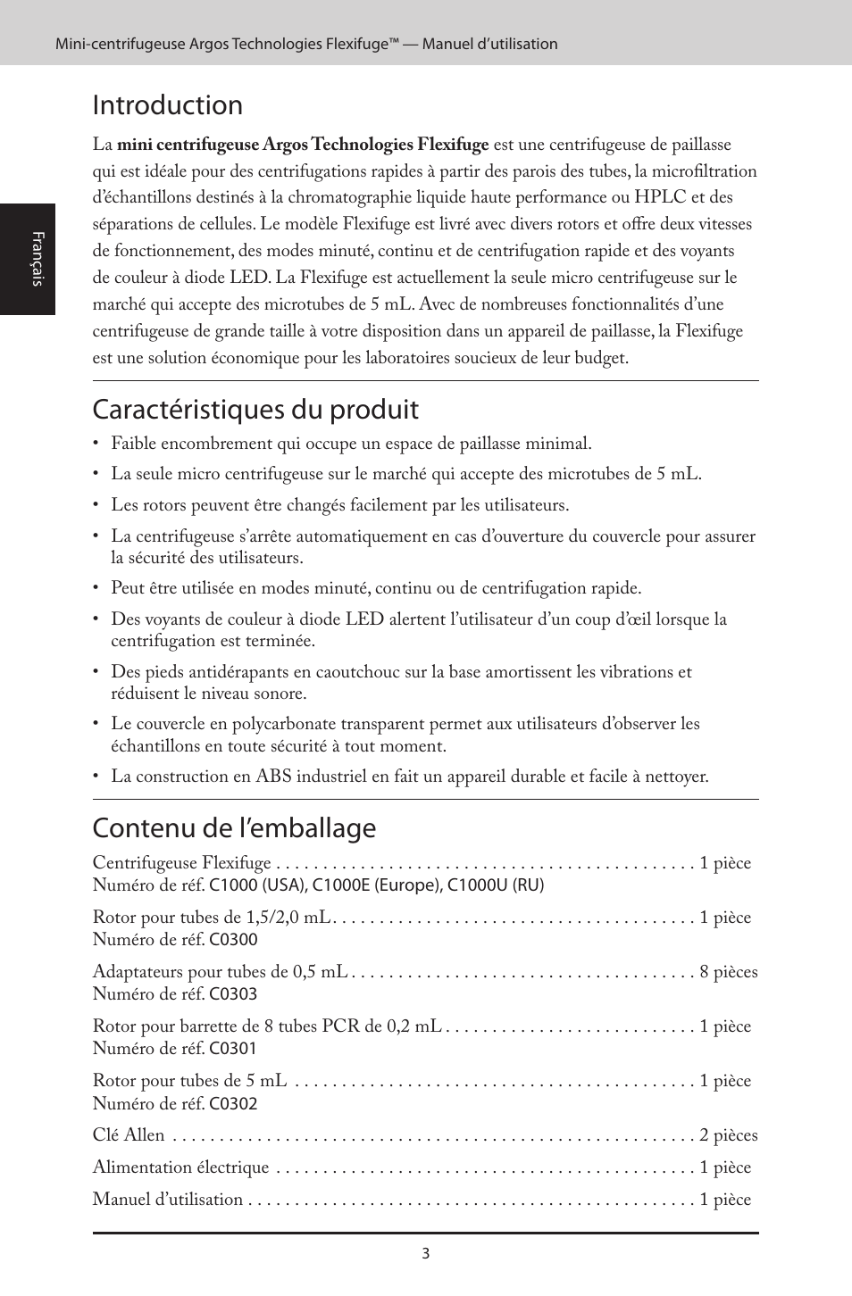 Introduction, Caractéristiques du produit, Contenu de l’emballage | Argos FlexiFuge Mini-Centrifuge User Manual | Page 10 / 28