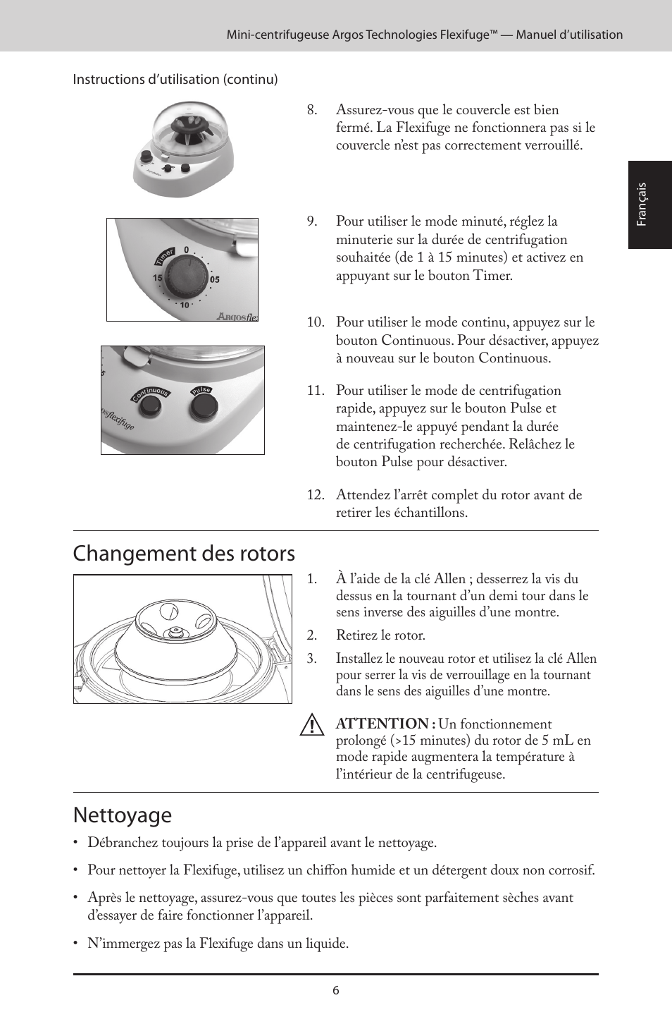 Changement des rotors, Nettoyage | Argos FlexiFuge Mini-Centrifuge User Manual | Page 13 / 28