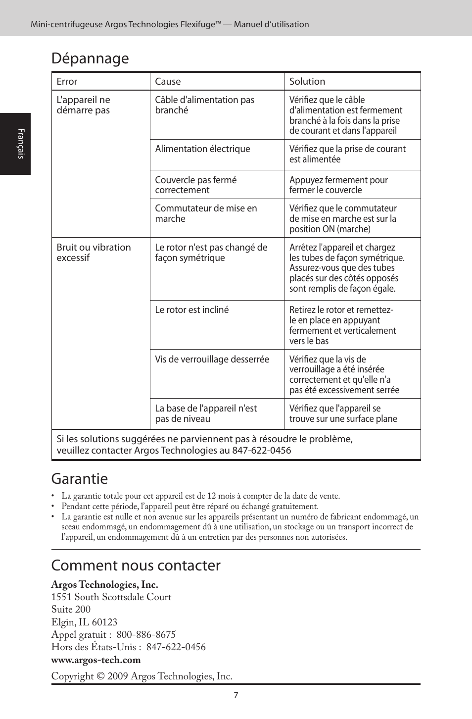 Dépannage, Garantie, Comment nous contacter | Argos FlexiFuge Mini-Centrifuge User Manual | Page 14 / 28