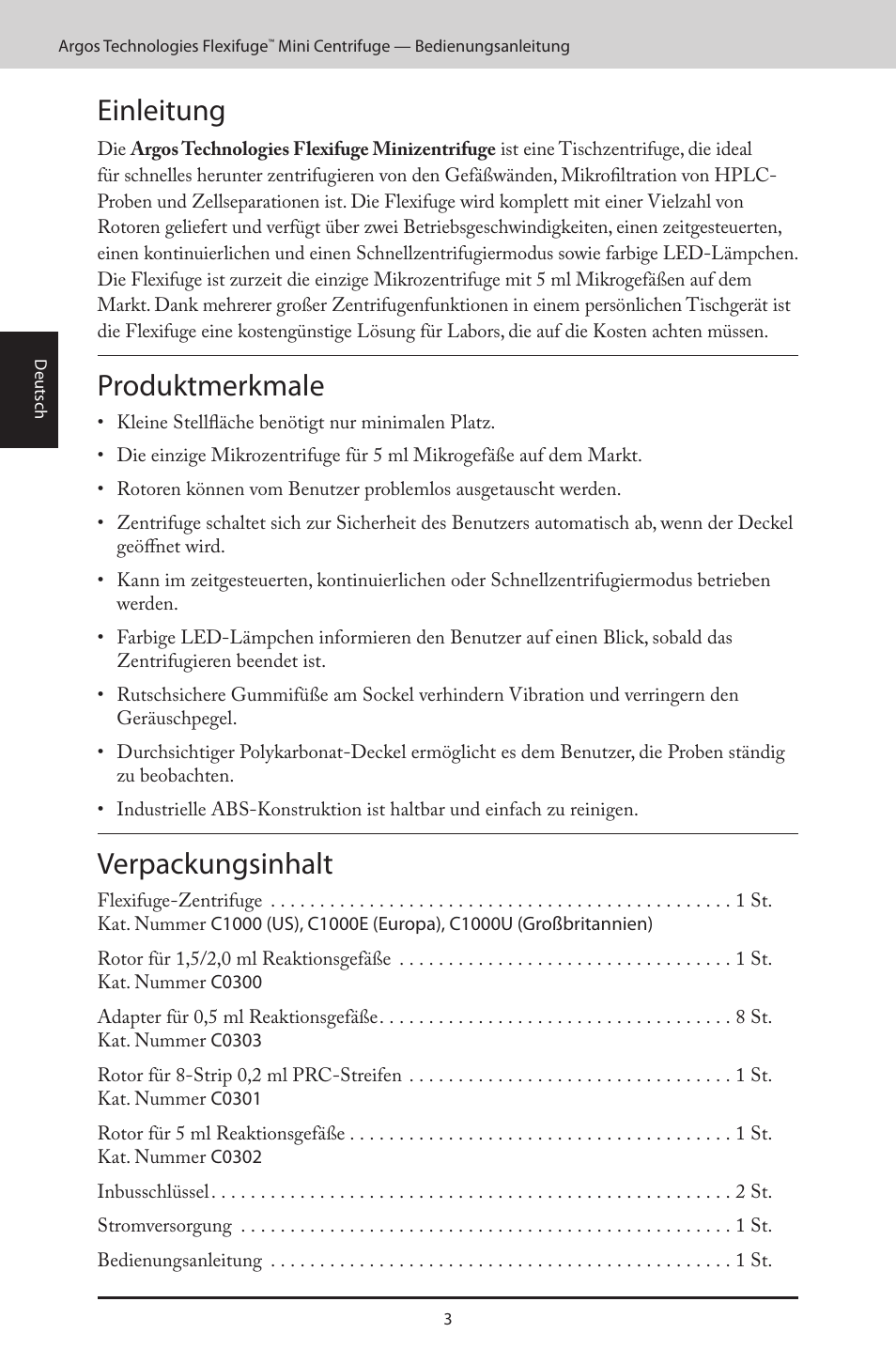 Einleitung, Produktmerkmale, Verpackungsinhalt | Argos FlexiFuge Mini-Centrifuge User Manual | Page 16 / 28