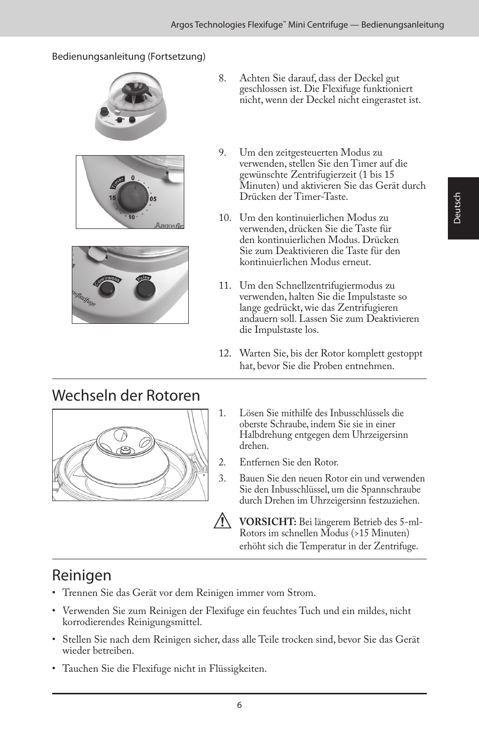 Wechseln der rotoren, Reinigen | Argos FlexiFuge Mini-Centrifuge User Manual | Page 19 / 28