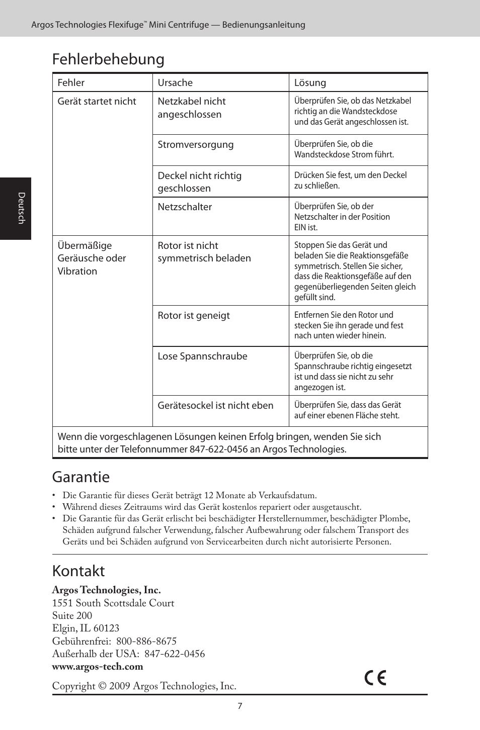 Fehlerbehebung, Garantie, Kontakt | Argos FlexiFuge Mini-Centrifuge User Manual | Page 20 / 28