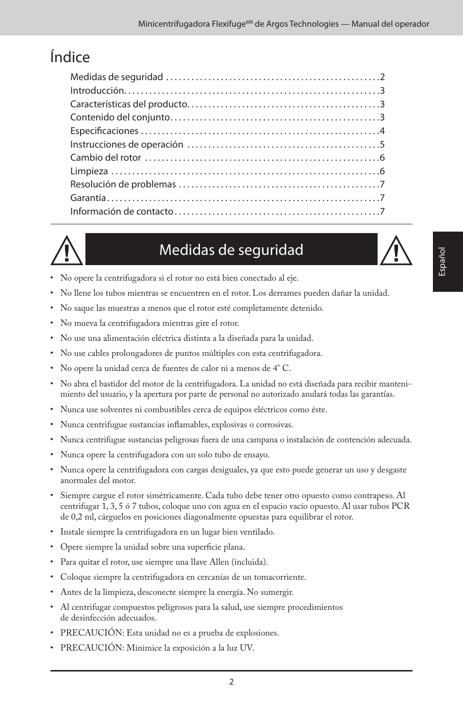 Índice, Medidas de seguridad | Argos FlexiFuge Mini-Centrifuge User Manual | Page 21 / 28