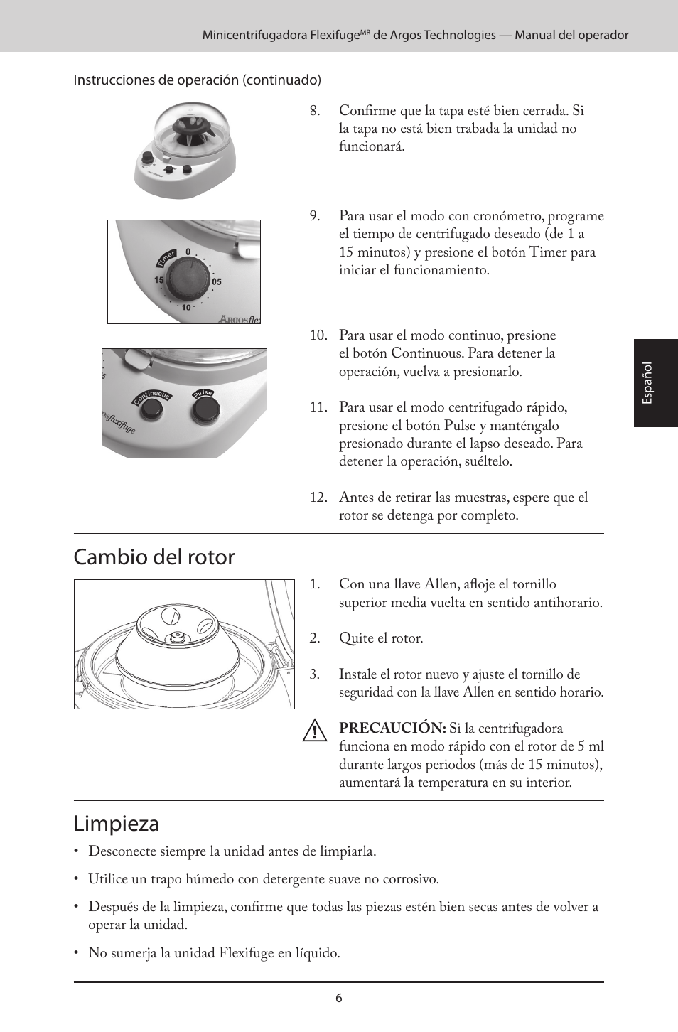 Cambio del rotor, Limpieza | Argos FlexiFuge Mini-Centrifuge User Manual | Page 25 / 28