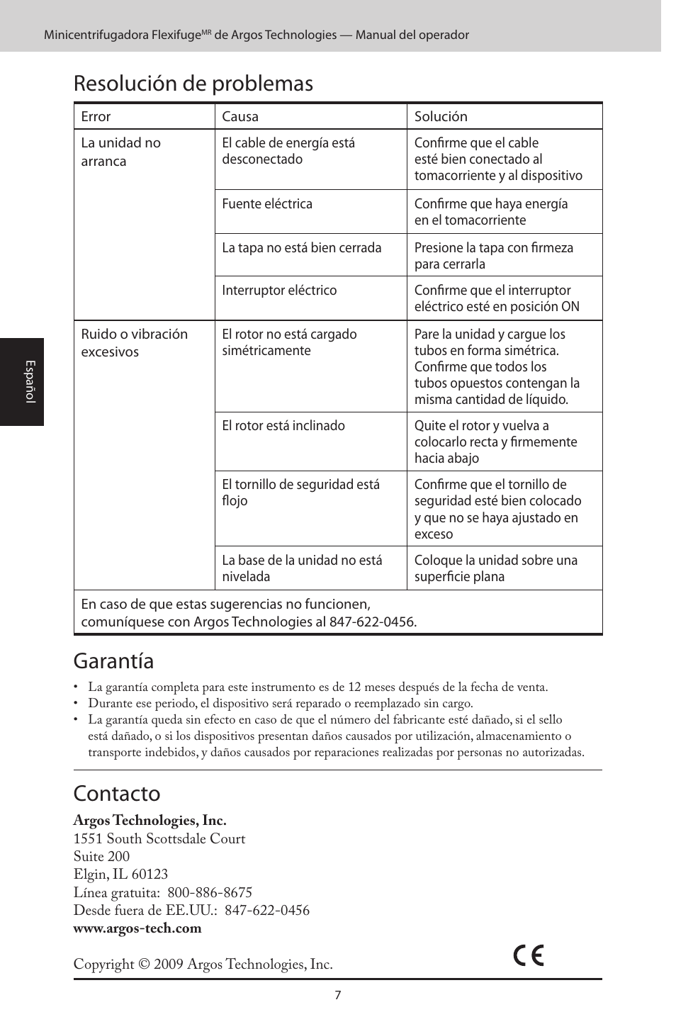 Resolución de problemas, Garantía, Contacto | Argos FlexiFuge Mini-Centrifuge User Manual | Page 26 / 28