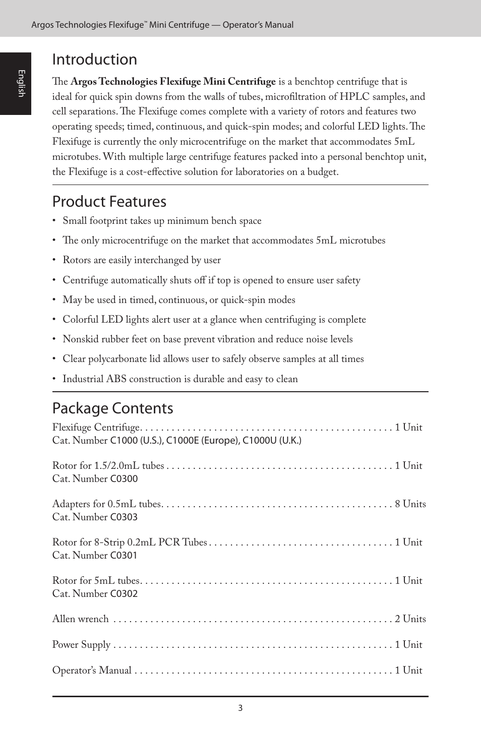 Introduction, Product features, Package contents | Argos FlexiFuge Mini-Centrifuge User Manual | Page 4 / 28