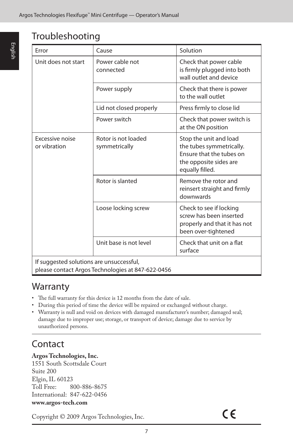 Troubleshooting, Warranty, Contact | Argos FlexiFuge Mini-Centrifuge User Manual | Page 8 / 28