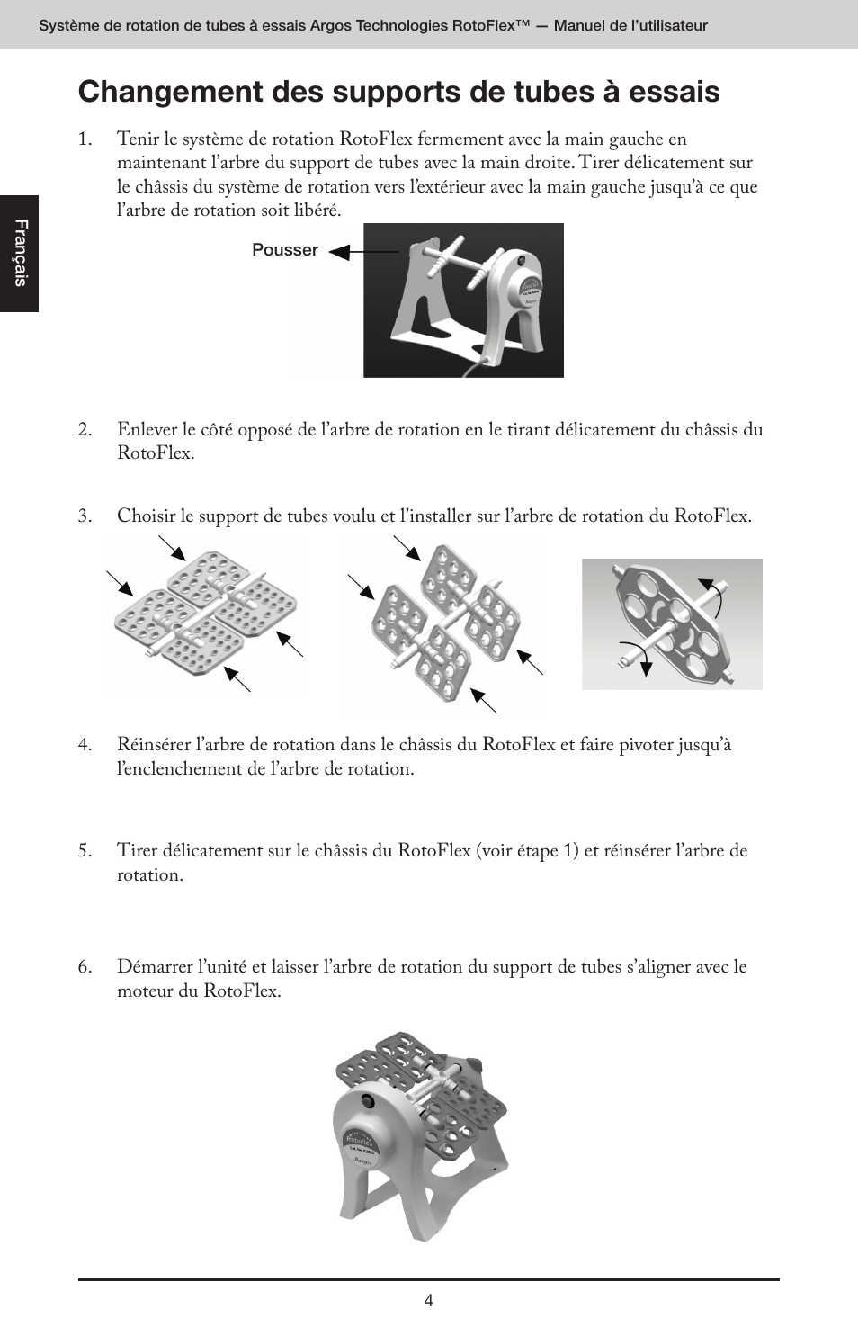 Changement des supports de tubes à essais | Argos RotoFlex Tube Rotator User Manual | Page 10 / 34
