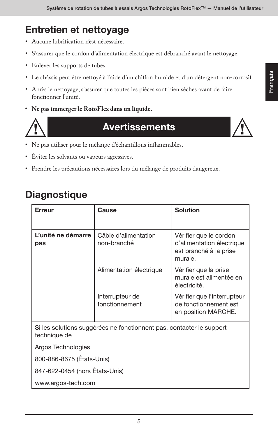 Entretien et nettoyage, Diagnostique, Avertissements | Argos RotoFlex Tube Rotator User Manual | Page 11 / 34