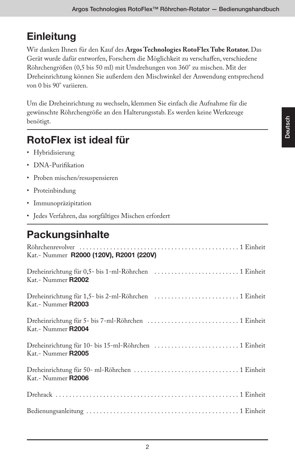 Einleitung, Rotoflex ist ideal für, Packungsinhalte | Argos RotoFlex Tube Rotator User Manual | Page 13 / 34