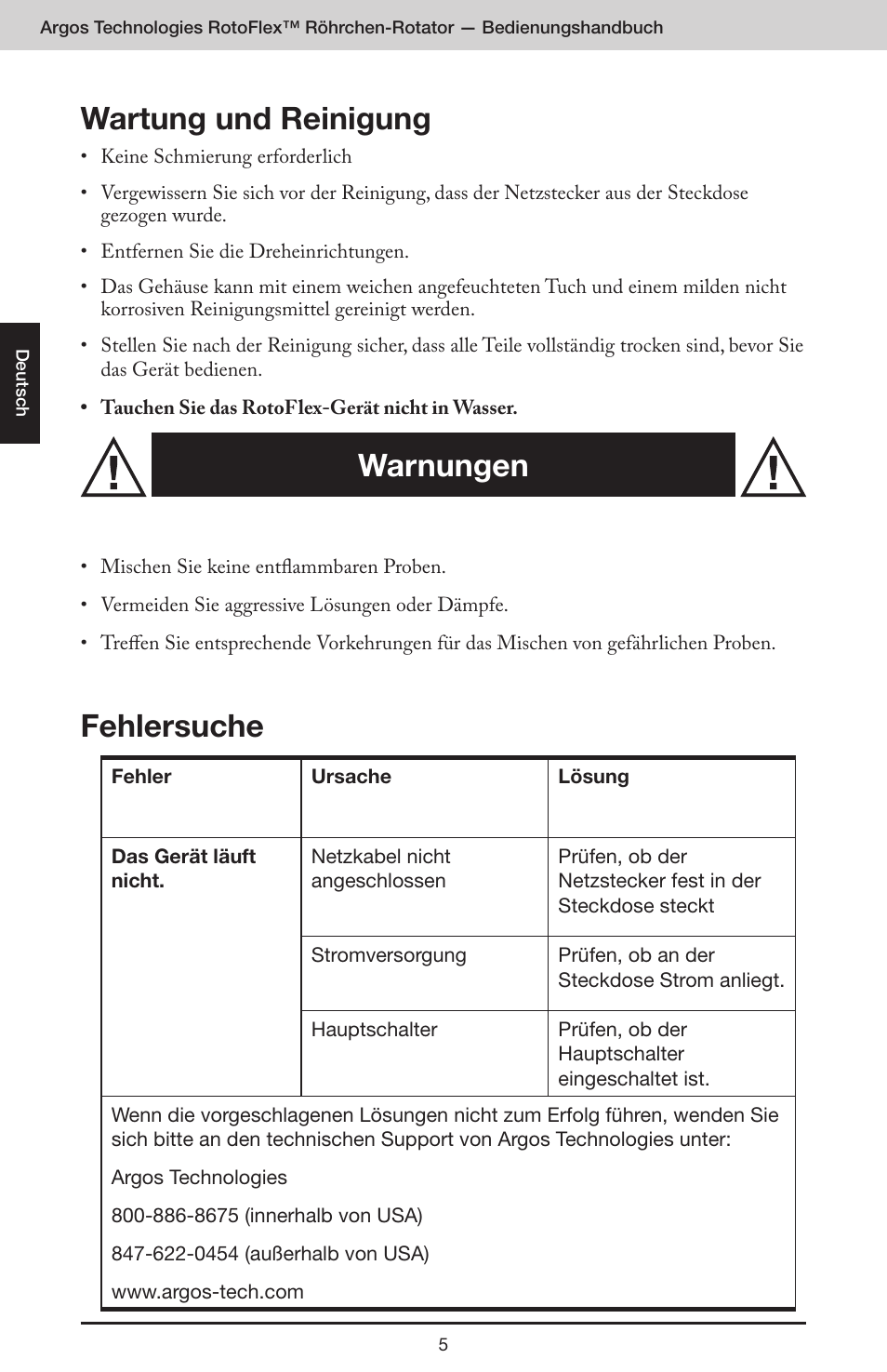 Wartung und reinigung, Fehlersuche, Warnungen | Argos RotoFlex Tube Rotator User Manual | Page 16 / 34