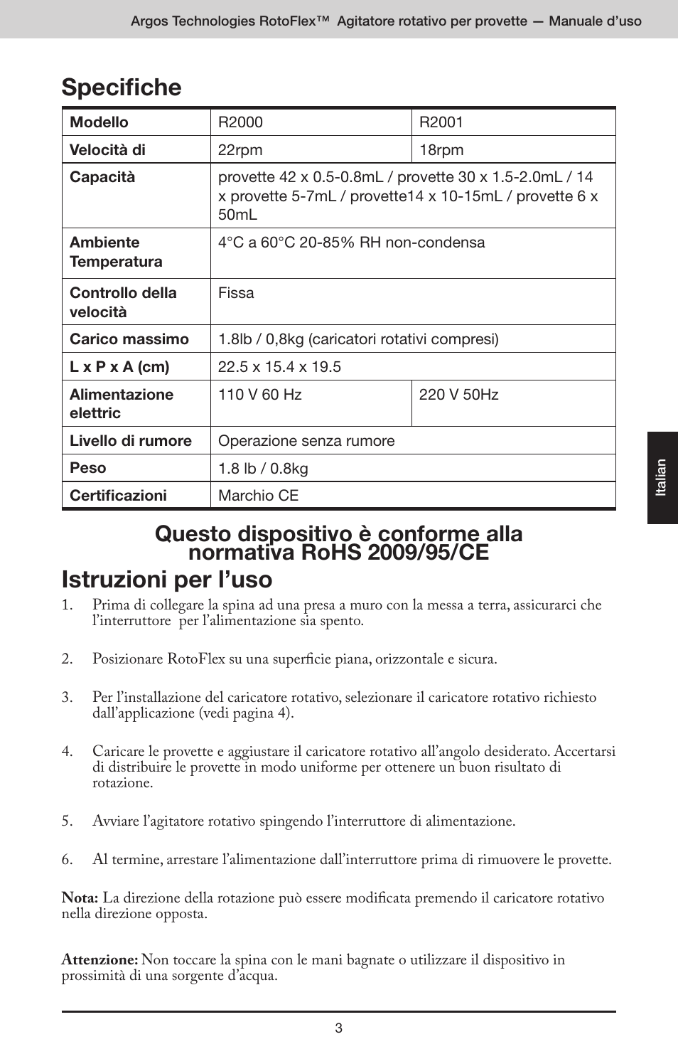 Specifiche, Istruzioni per l’uso | Argos RotoFlex Tube Rotator User Manual | Page 19 / 34