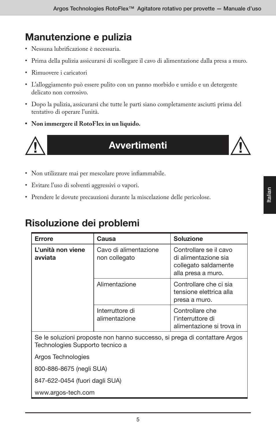 Manutenzione e pulizia, Risoluzione dei problemi, Avvertimenti | Argos RotoFlex Tube Rotator User Manual | Page 21 / 34