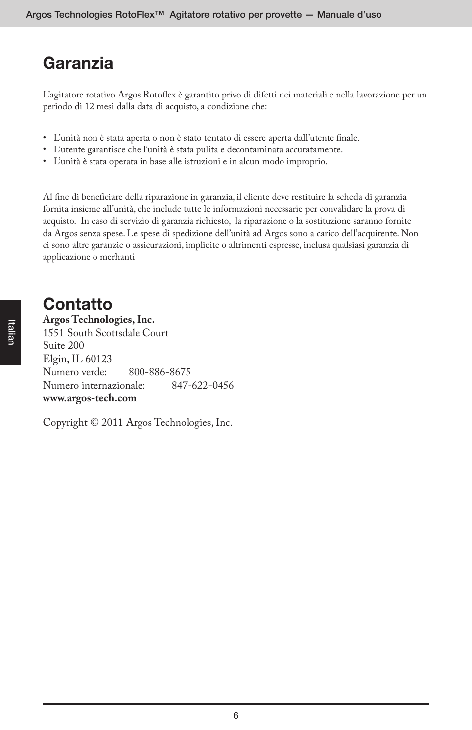 Garanzia, Contatto | Argos RotoFlex Tube Rotator User Manual | Page 22 / 34
