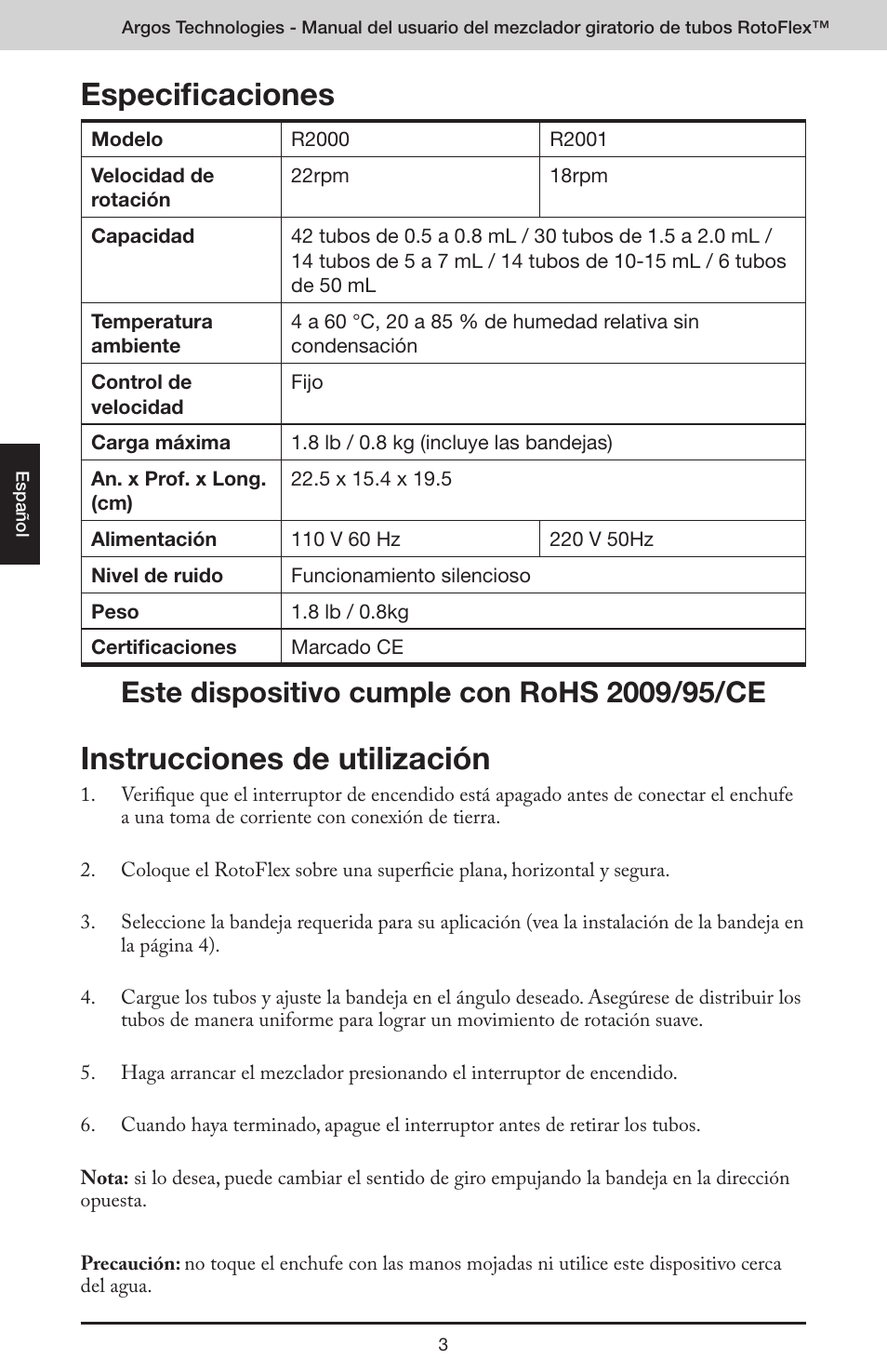 Especificaciones, Instrucciones de utilización | Argos RotoFlex Tube Rotator User Manual | Page 24 / 34