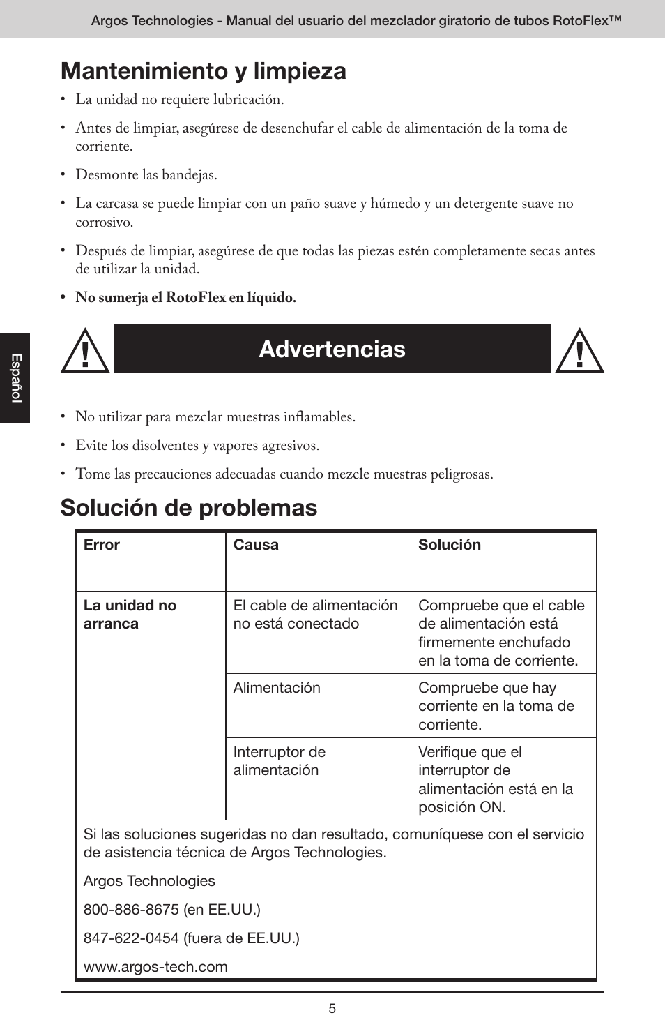 Mantenimiento y limpieza, Solución de problemas, Advertencias | Argos RotoFlex Tube Rotator User Manual | Page 26 / 34