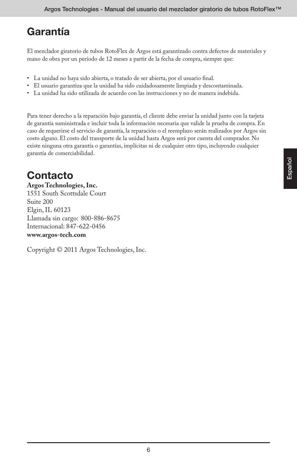 Garantía, Contacto | Argos RotoFlex Tube Rotator User Manual | Page 27 / 34