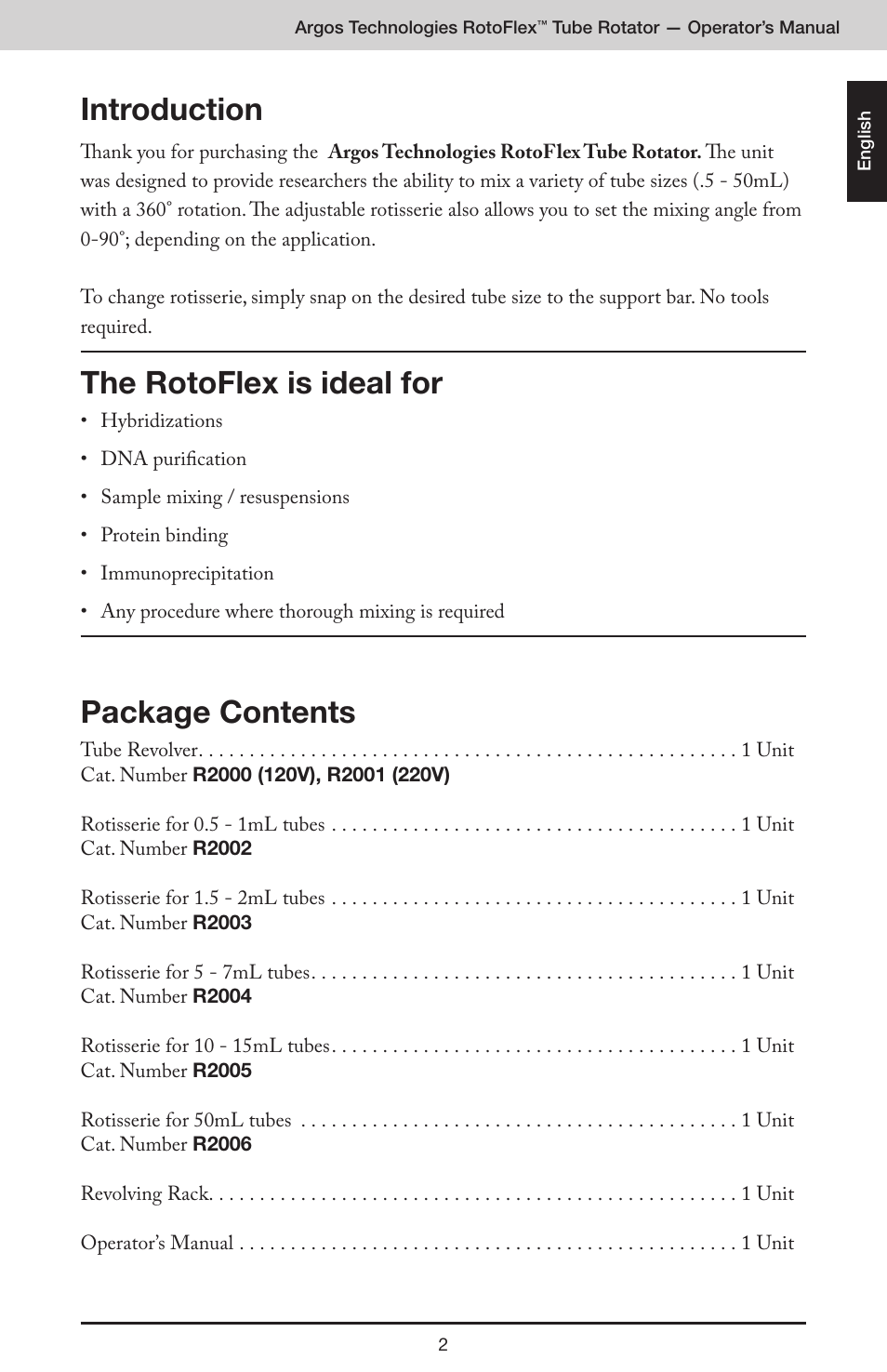 Introduction, The rotoflex is ideal for, Package contents | Argos RotoFlex Tube Rotator User Manual | Page 3 / 34