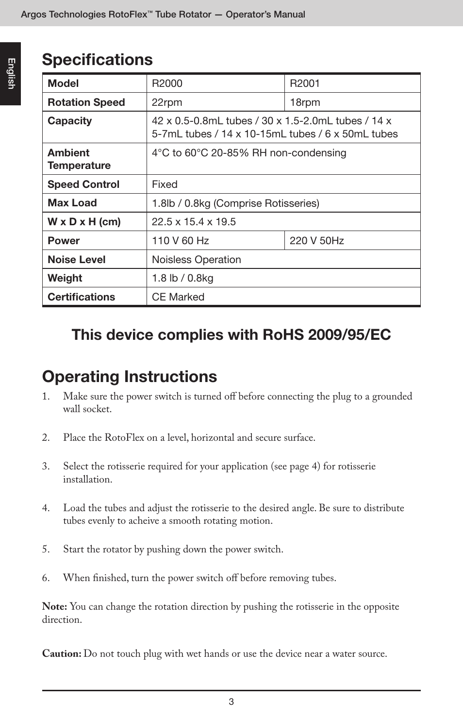 Specifications, Operating instructions | Argos RotoFlex Tube Rotator User Manual | Page 4 / 34